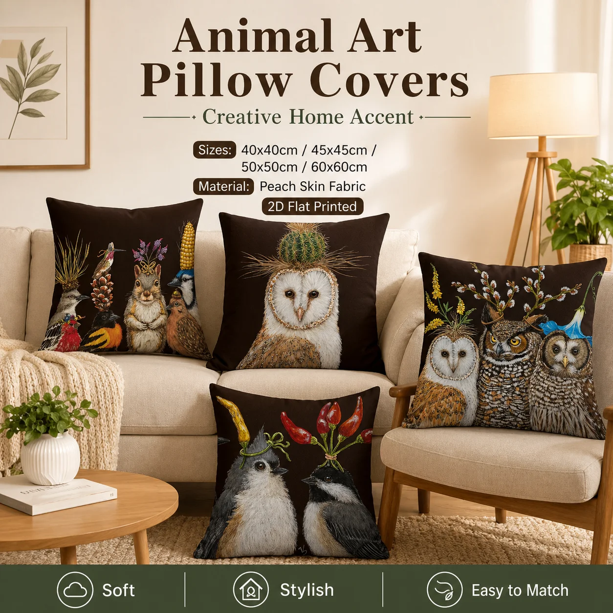 

2D Flat Printed Owl Cushion Cover Peach Skin Animal Art Pillowcase For Sofa Living Room Decorative Funny Bird Throw Pillow 45x45