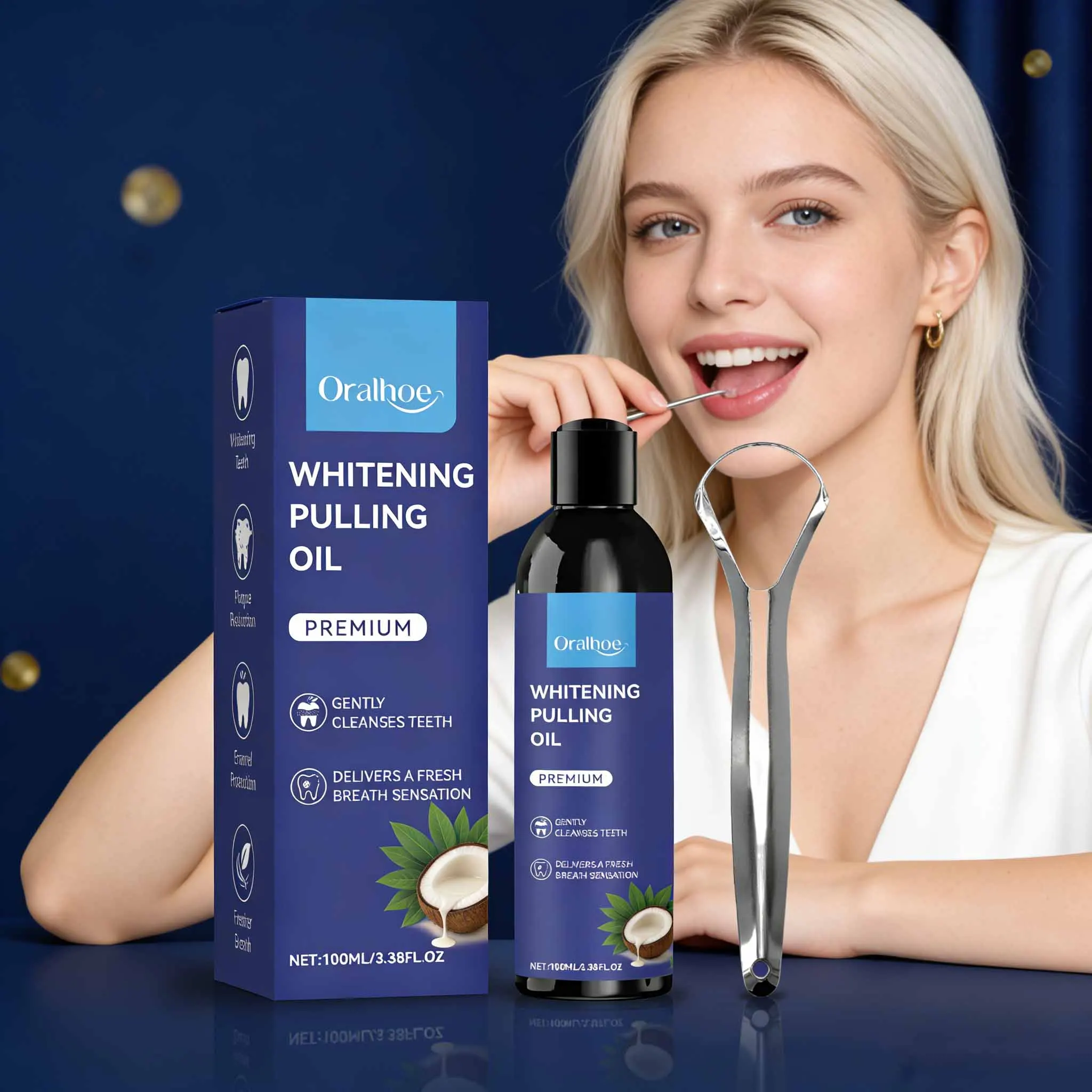 

Набор для отбеливания ORALHOE: масло для полоскания рта, скребок для языка, освежитель дыхания, удаление пятен с зубов, уход за деснами