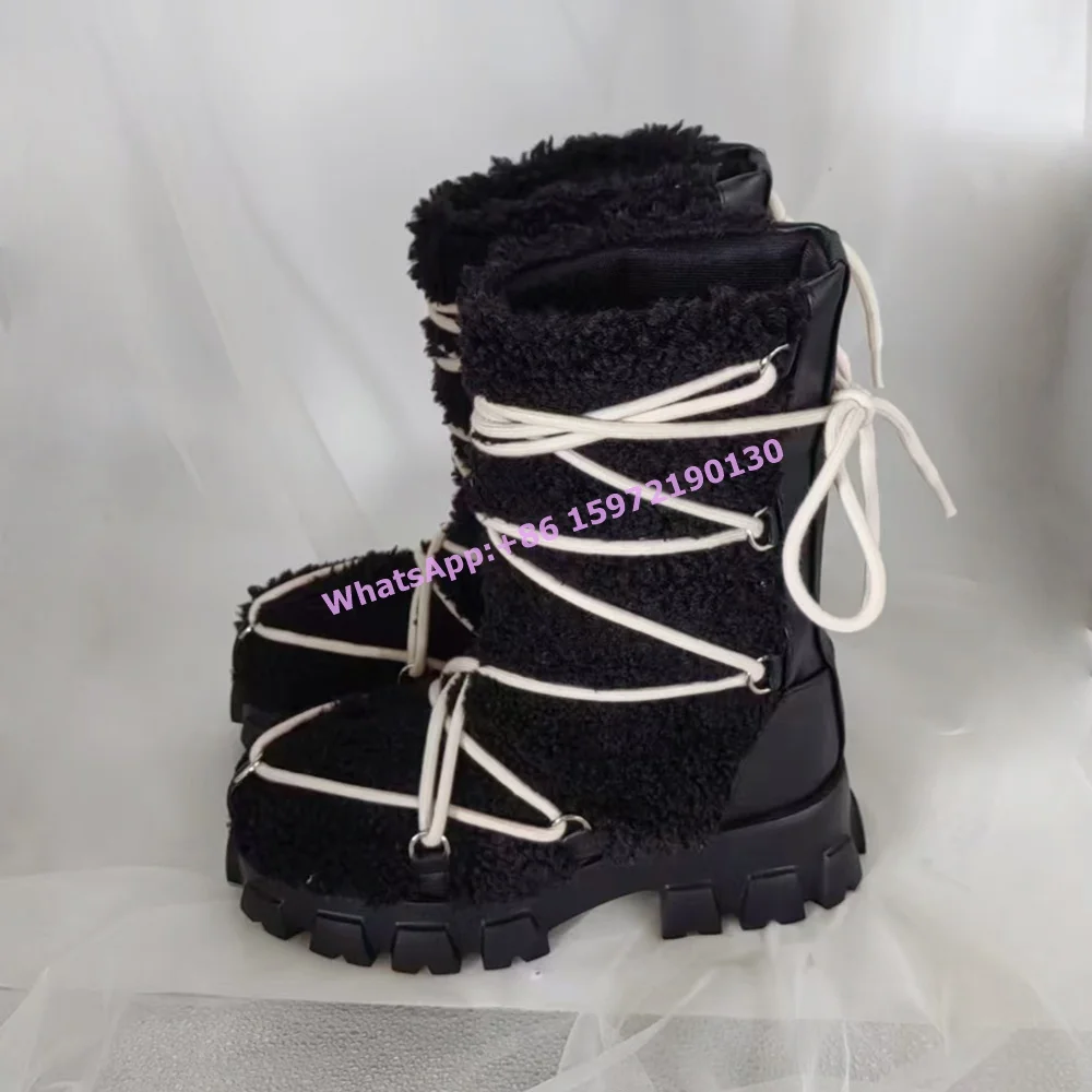 Black Furry White Rope Snow Boots Thick Soled Round Toe Lace Up Couple's Mid Calf Boots Leisure Concise Luxury Winter Warm Shoes