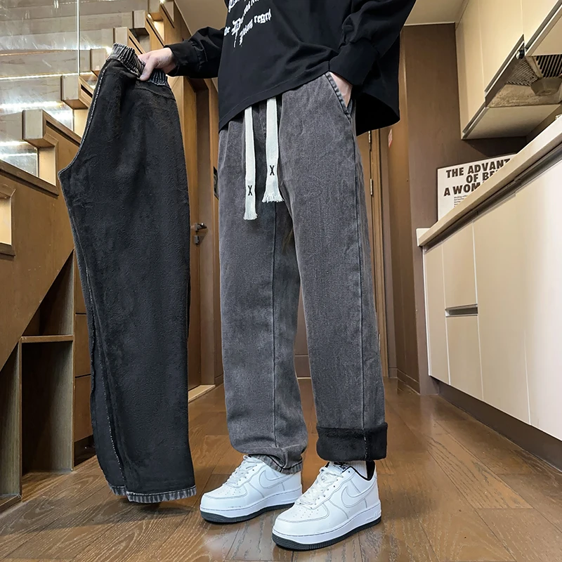 

Зимние удобные флисовые джинсы на шнурке, новые мужские толстые модные бархатные свободные брюки, теплые классические плюшевые джинсовые брюки