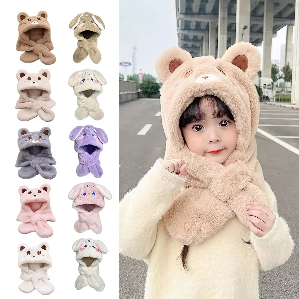 

Cute Plush Baby Winter Hat Thickened Cartoon Bear Ear Integrated Hat Scarf Keep Warm Windproof Beanie Hat Scarf Set for Children
