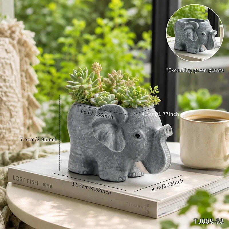 Grey Elephant Sculpture Figurine Cement Textured Small Plant Pot For Fence Lawn Garden Windowsill Tabletop Decor Accent New 2026