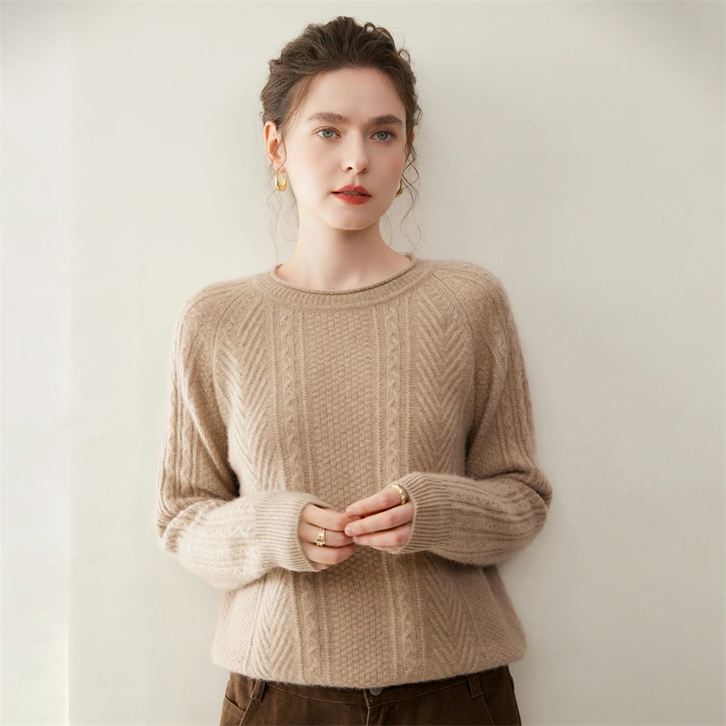 New Chic Women 100% Cashmere Sweater Cable Knit Curl O-Neck Pullover Shirt Autumn Winter Soft Thick Warm Bouse Woman Top Clothes