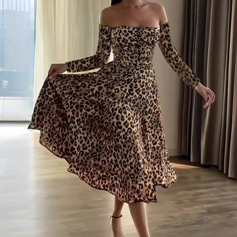 

Leopard Print Bodycon Dress Temperament One Shoulder High Slit Fashion Elegant High-end Women's Clothing Calf Length Long Skirt