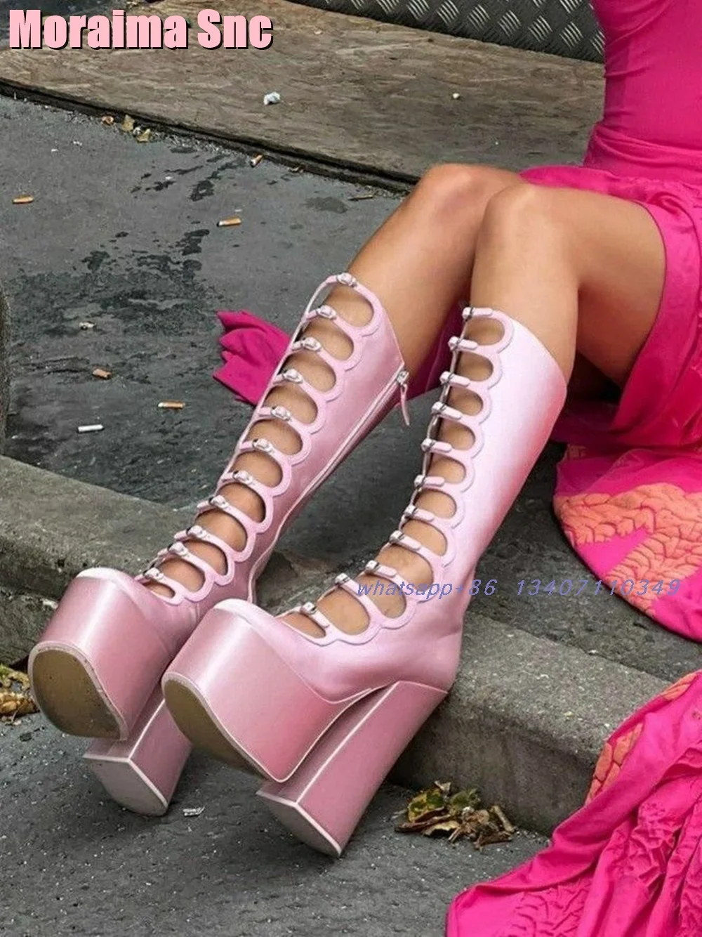 

Platform Belt Buckle Hollow Mid-calf Boots Square Toe Block High Heel Satin Side Zipper Sexy Punk Women's Long Boots Pink Solid