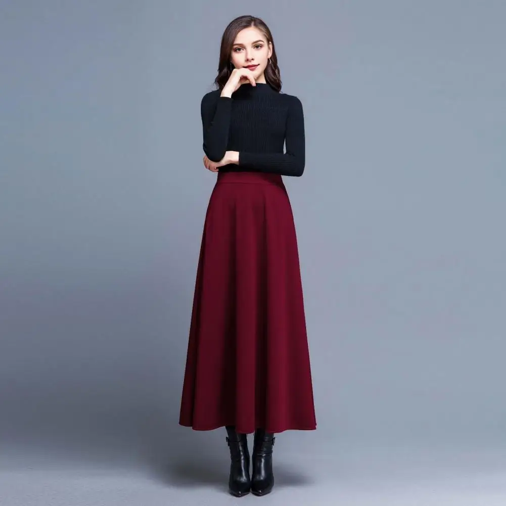 Rok ayun pinggang tinggi wanita, rok Maxi koleksi pinggang tinggi model A-line dengan saku warna Solid untuk perempuan