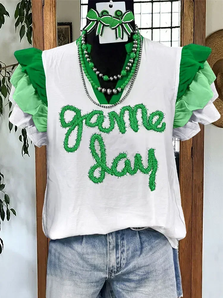 Casual Gameday Letter Stripe Print Top  Ruffled  Blouse