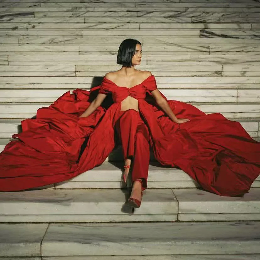 

High Couture Top Dress with Train Women Photoshoot Off Shoulder Satin Red Long Blouse Gown платье для беременных