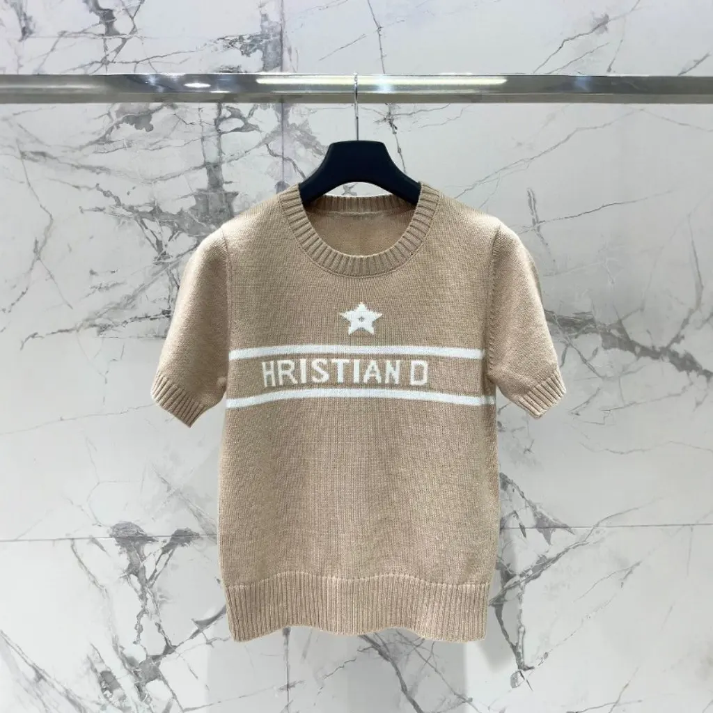 

Nanyou High-Definition Spring Summer New Round Neck Short Sleeve Knitted Sweater Women's Letter Embroidery Stripe Star Pattern