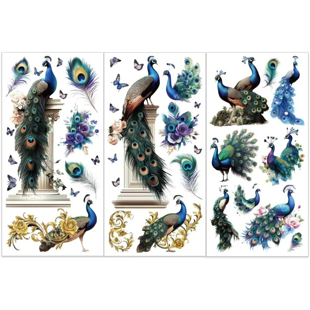 3pcs/Set Peacock Rub on Transfers for Furniture and Crafts 6x12 Inch Feather Furniture Transfer Sticker Furniture Decals Decor