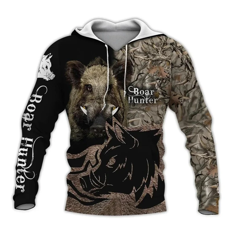 Wild Boar Deer Hunter Hoodie Men\'s Clothing 3D Printed Outdoor Pattern Long Sleeves Pullover Sweatshirt Autumn Harajuku Hoodies