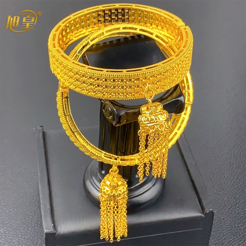 New African Dubai Style Gold Color Bangles Bracelet With Tassel Pendant For Women Indian Nigerian Wedding Jewelry Party Gifts