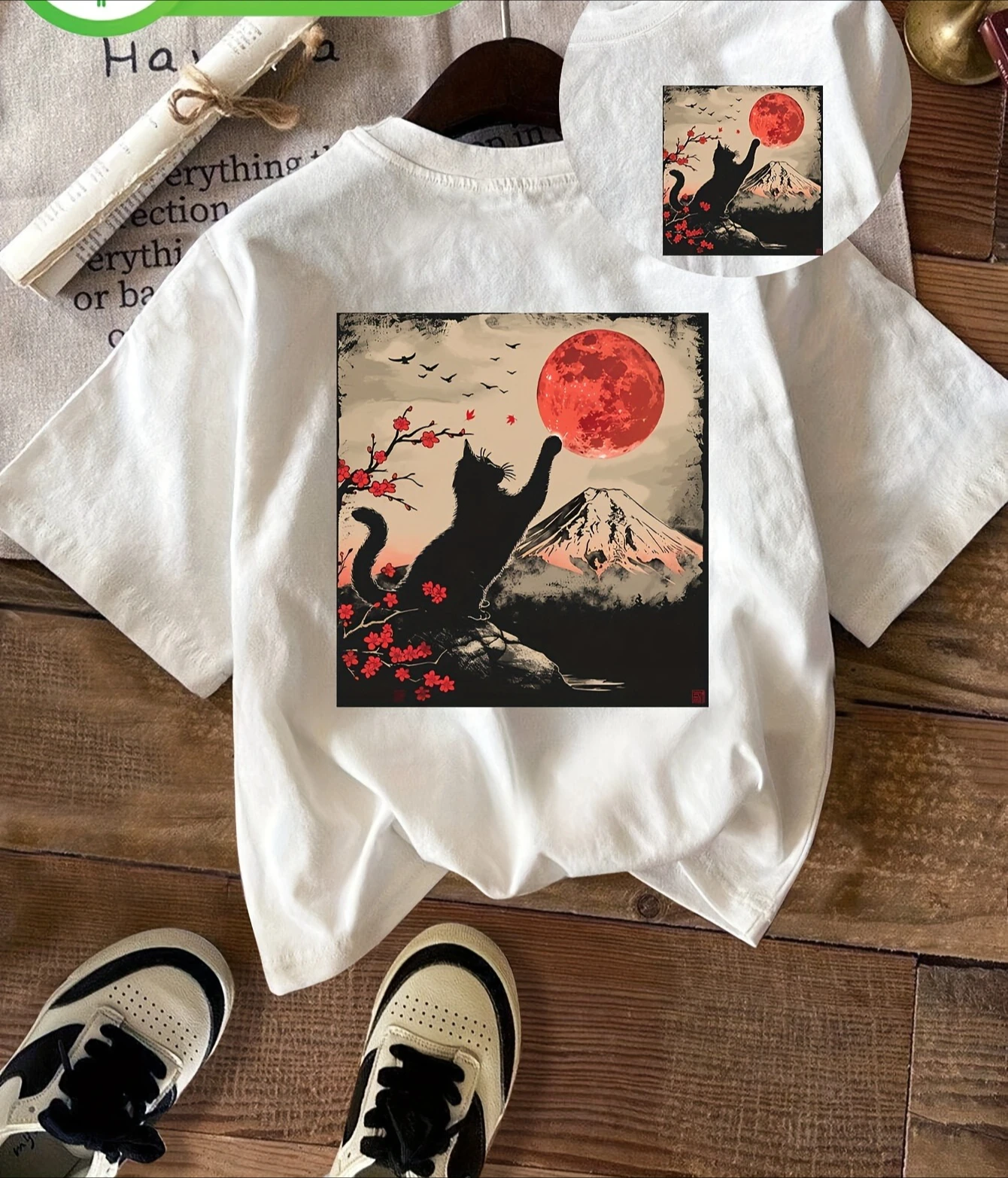 Retro Women Vintage Japanese Art Print  T-Shirt Black Cat Mount Cherry Moon Design Short Sleeve Crew Neck Casual Top
