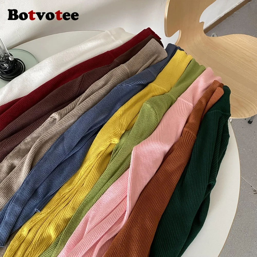 Botvotee Basic Mock Neck prążkowane swetry dla kobiet śliczne seksowne dzianiny jesienno-zimowy ciepły dopasowany modny sweter pulowerowy