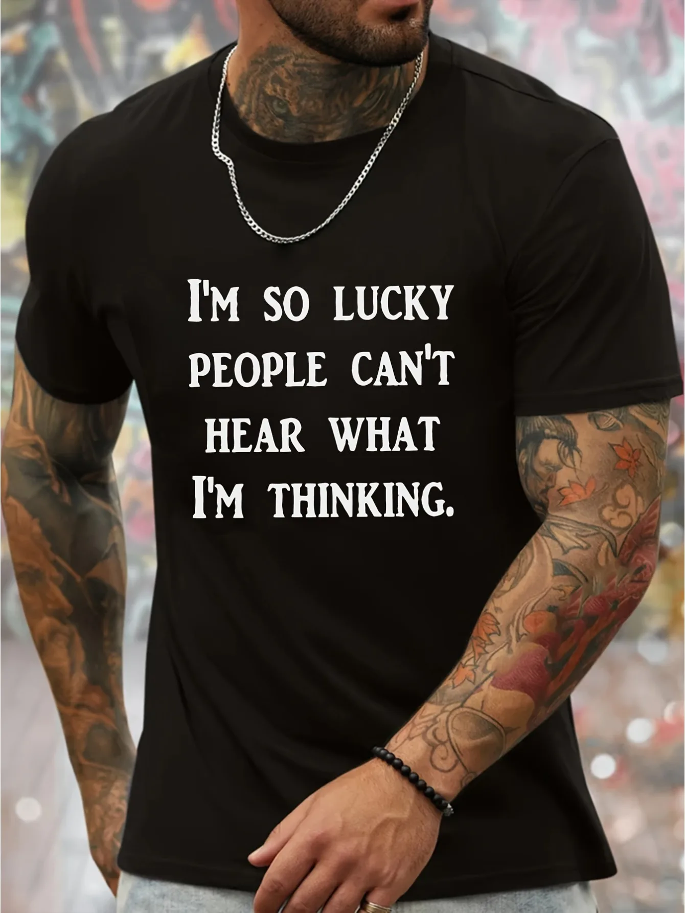 

Men's Fun Slogan T-Shirt - "I'm So Lucky People Can't Hear My Thoughts" - Black Shirt White Print - Lightweight