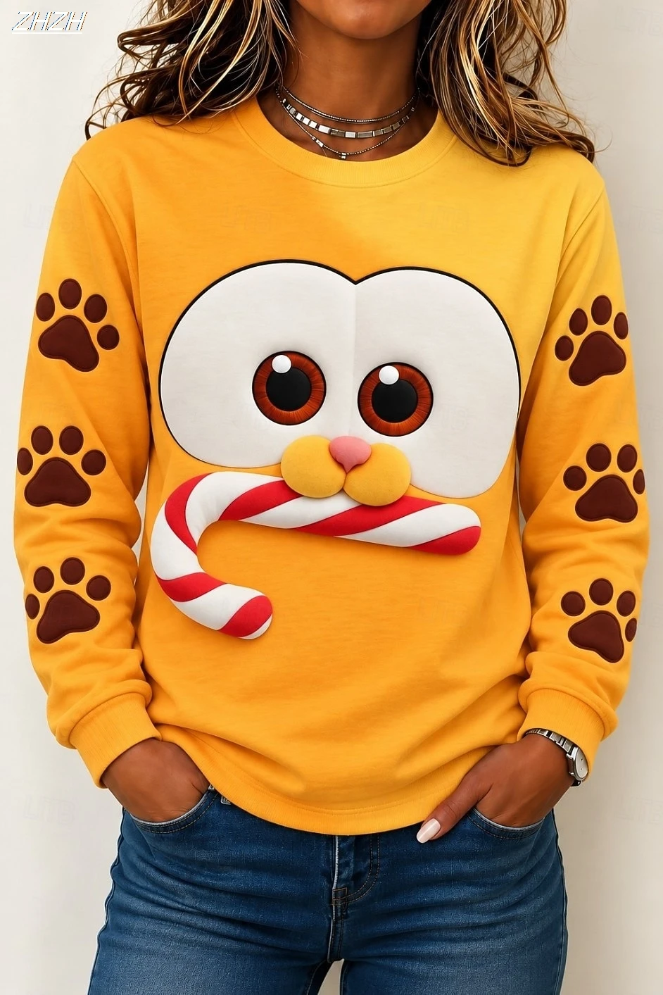 Christmas Print+Winter Holiday+Cute Donkey Santa Hat Snow Village Graphic+Women Long Sleeve T Shirt