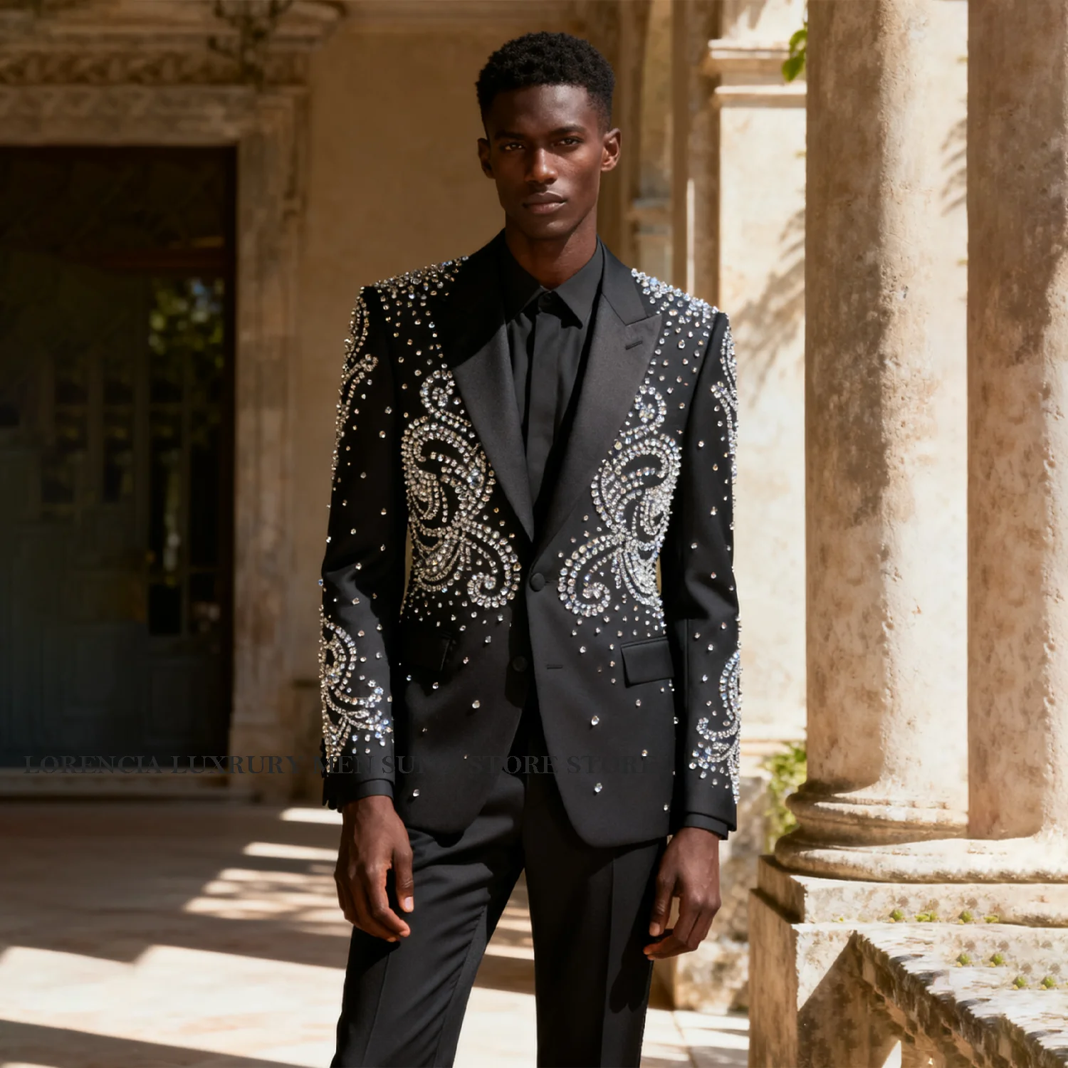 

Customized African Ornament Rhinestones Men Sparkle Suits 2 Pieces Sets Groom Male Blazers Wedding Party Tuxedos Ropa hombre