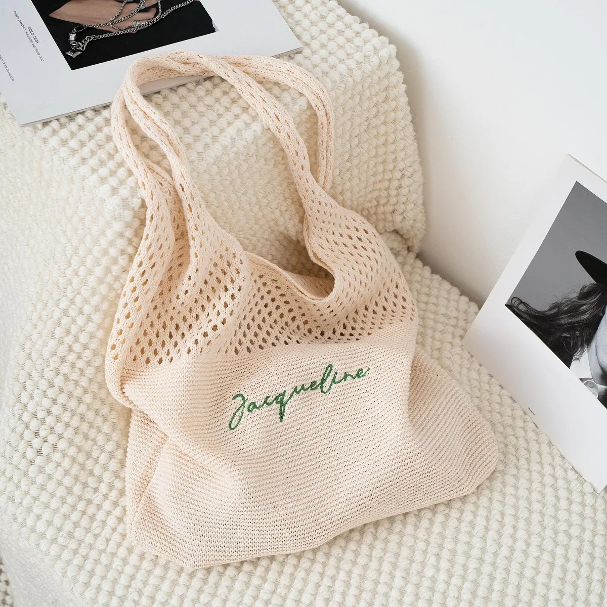 Women's Large Capacity Knitted Tote Bag Reusable Summer Beach Shoulder Mesh Bag for Shopping Bridesmaid
