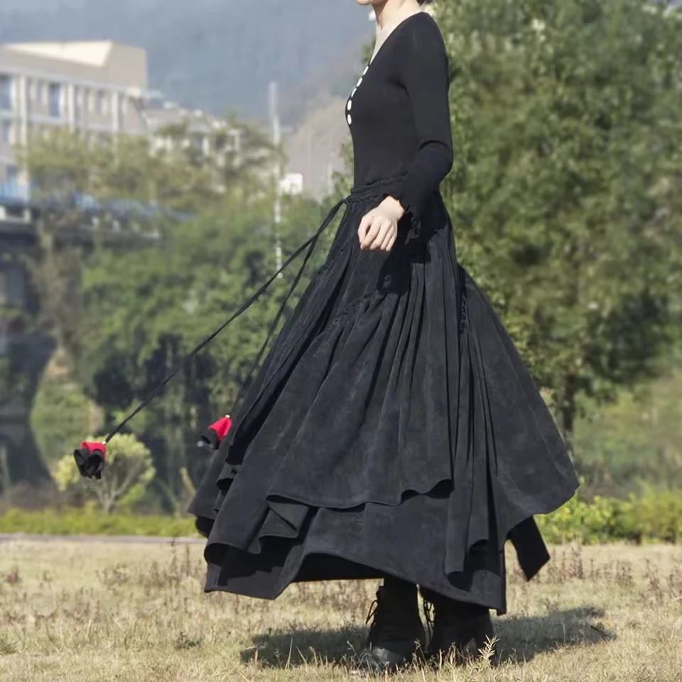 

Fashion Vintage Ethnic Style High Waist Lace-up Skirt Women Autumn/winter Thickened Corduroy Skirt for Women Casual Streetwear