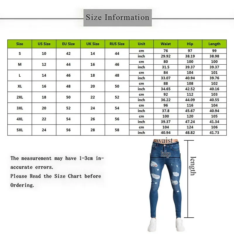 Pencil Pants Elastic Sweatpants Men Fit Solid Ripped Denim Harem Pants Casual Black Blue White Destroyed Jeans Pants