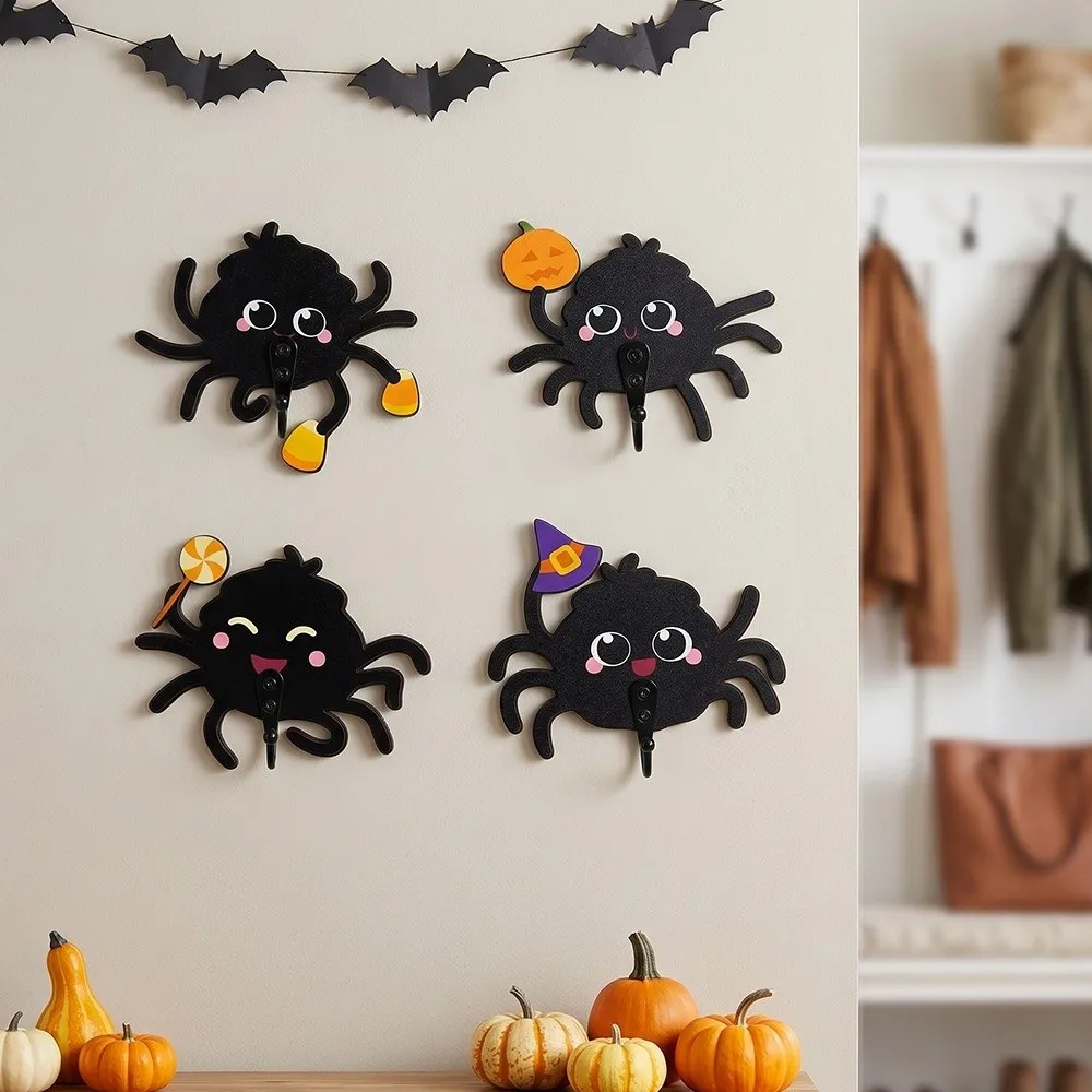 Space Saving Wooden Halloween Cartoon Spider Hook Cute No-Drill Keys Holder Gothic Style Wall Mounted Coat Hooks Home Decor