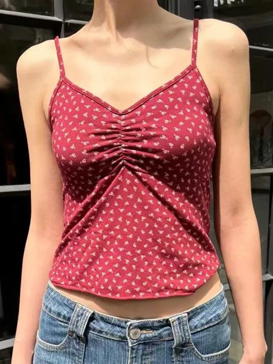 Floral Red Tank Top For Woman Folds V-neck Sleeveless Cotton Slim Cropped Vest Summer Casual Sweet Preppy Style Crop Tops 2024