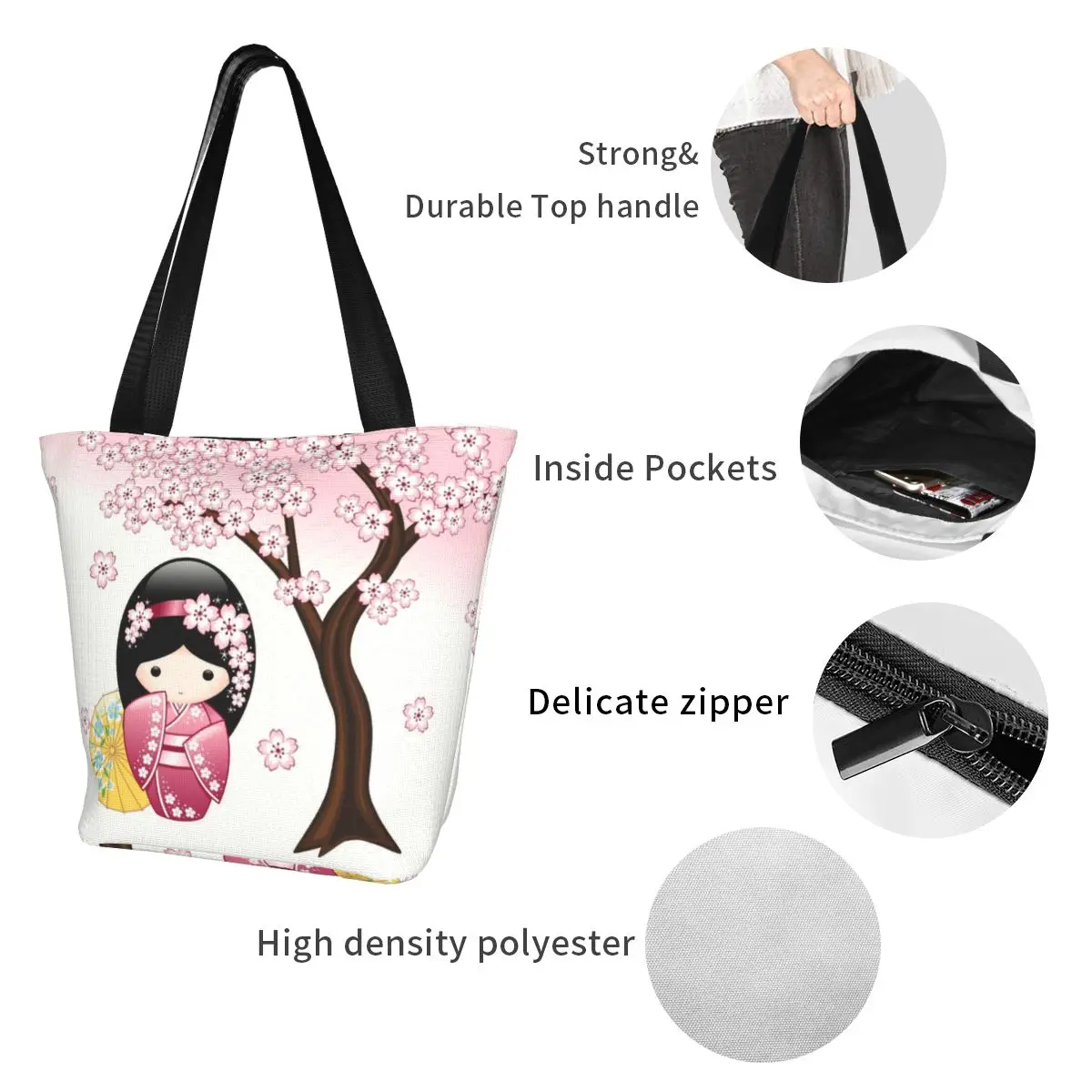 Custom Japanese Spring Kokeshi Doll Shopping Bag Women Shoulder Canvas Tote Bag Durable Sakura Cherry Groceries Shopper Bags