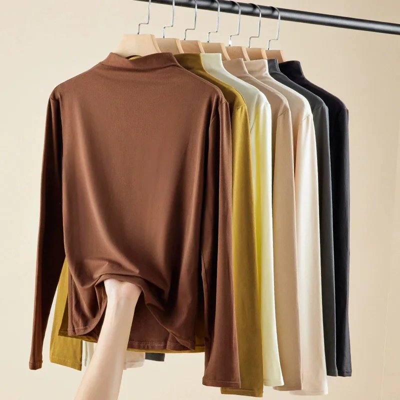 

Женские топы, осень-зима 2021, корейские тонкие базовые рубашки с высоким воротником, женские однотонные мягкие теплые пуловеры с длинными рукавами