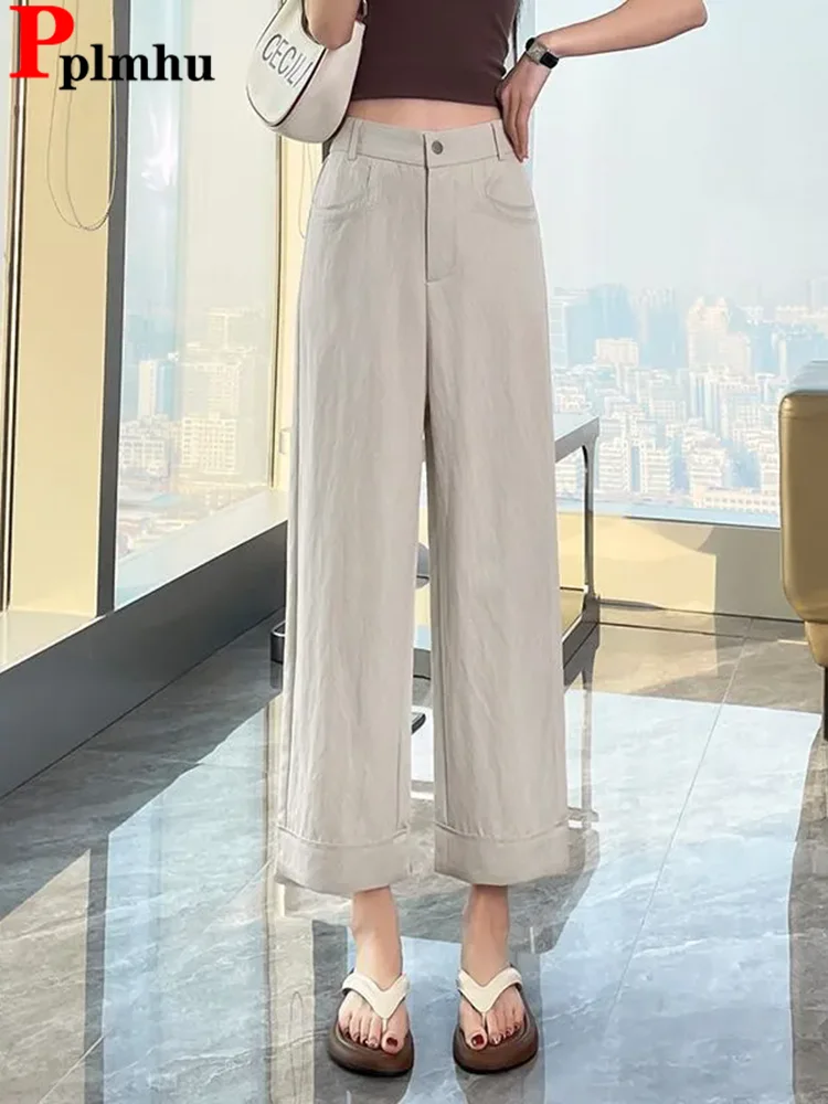

Classic Solid Loose Straight Pants Women Casual Elastic High Waist Wide Leg Pantalones Spring Fall Thin Ankle Length Spodnie New