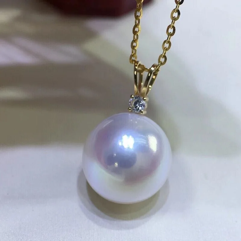 Gorgeous AAAAA 10-11mm Natural Round South China Sea White Pearl Pendant Necklace 925S