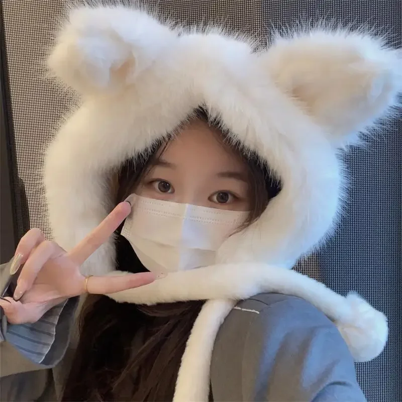 Cute Winter Thickened Fox Ears Scarf Hat Sets Women Sweet Japanese Kawaii Plush Ear Protection All-in-one Hooded Warm Gloves