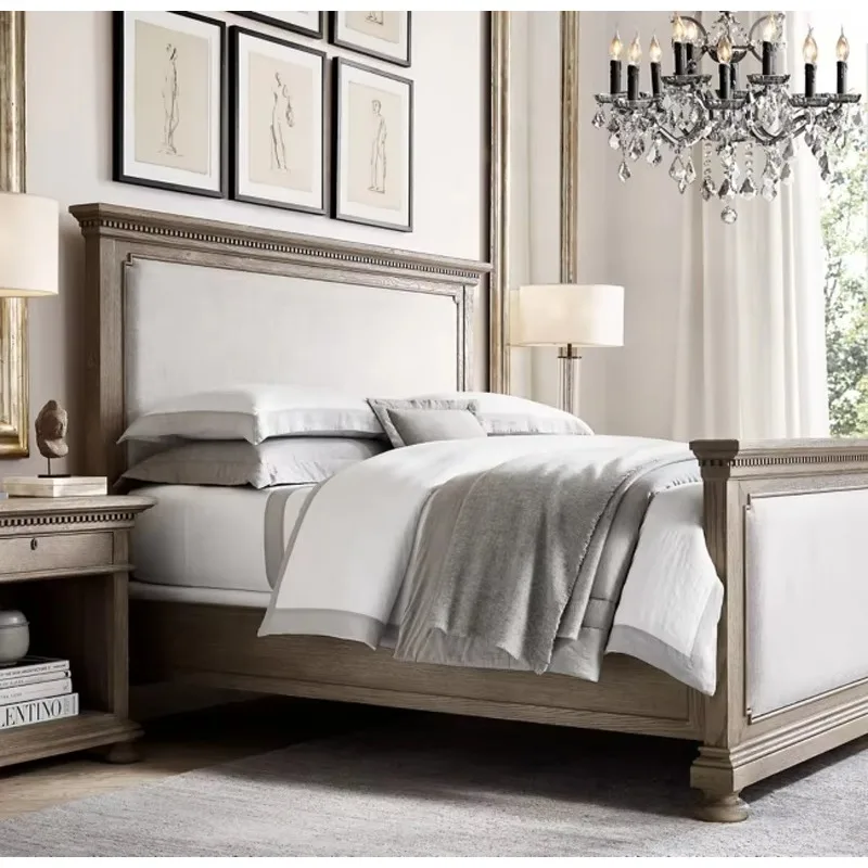 Home Furniture Bedroom Hotel Solid Wood King Queen Size Double Bed Antique American Style Wooden Fabric Upholstered Beds
