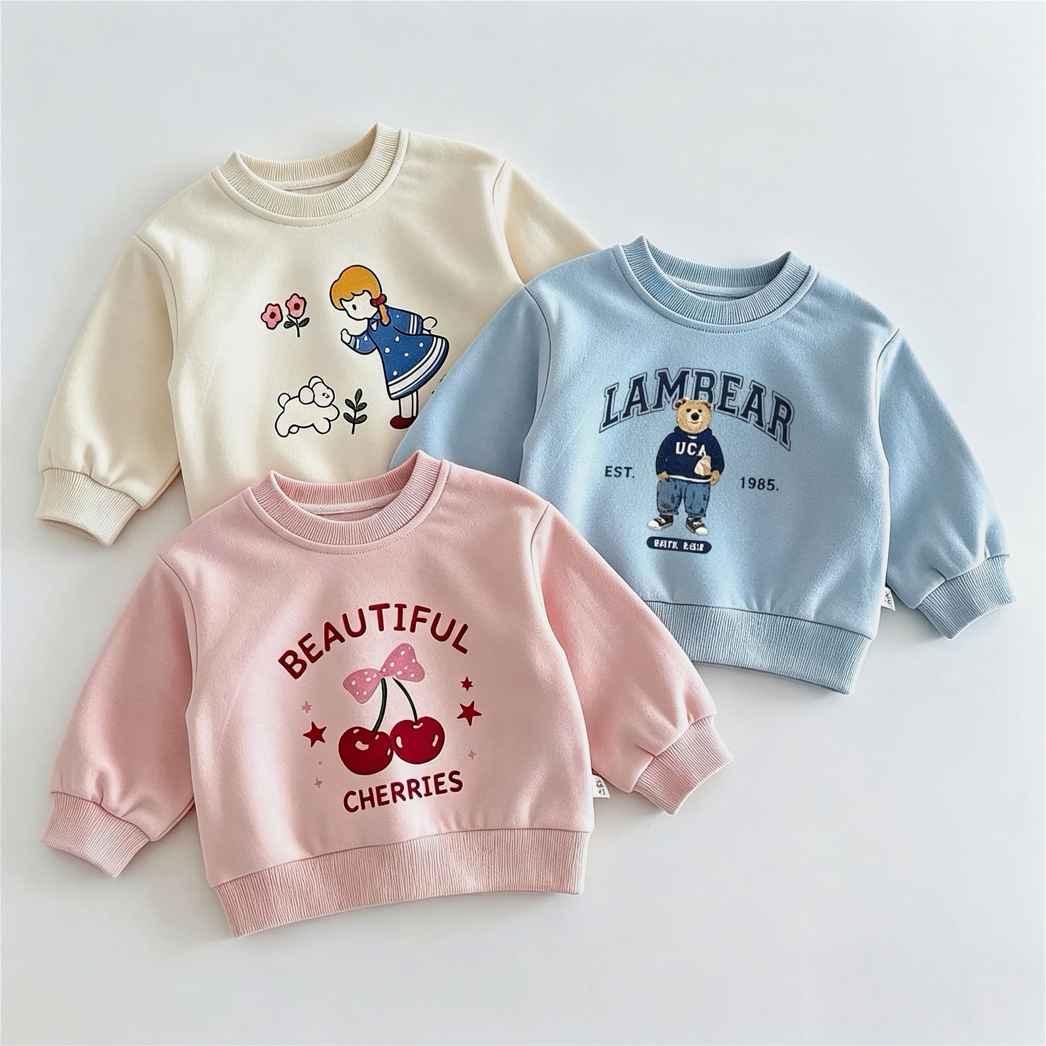 Autumn New Children's Clothes Fashion Popular Printed Solid Color Sweatshirts Tops Baby Girls Hoodie Round Collar Long Sleeved