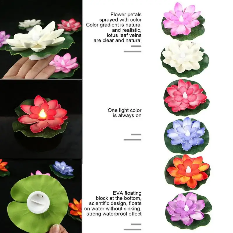 Lámpara LED de noche con forma de loto para decoración de jardín, lámpara de flores con Sensor de agua flotante para decoración de pecera, accesorios de fiesta festiva, luz de loto de deseos, 6 piezas