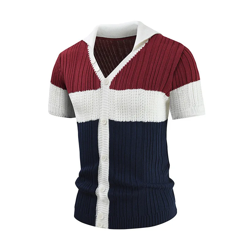 

Summer Vintage Turn-down Collar Knit Shirt Men Clothes Short Sleeve Buttoned Cardigan Tops Mens Fashion Striped Patchwork Shirt