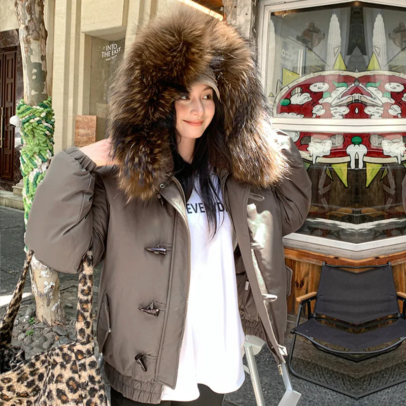 2026 Hooded Down Cotton-padded Jacket Women's Winter Short Parkas Raccoon Fur Collar Thicken Coats Horn Button Loose Outerwear