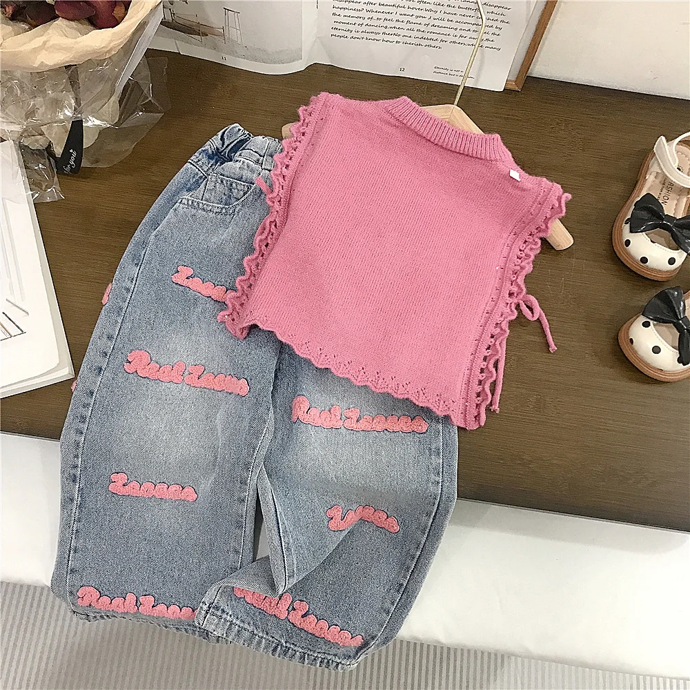 Girls Knitted Vest Spring New Children's Korean Version Sweater Vest Children's Towel Embroidered Jeans Spring Fashion