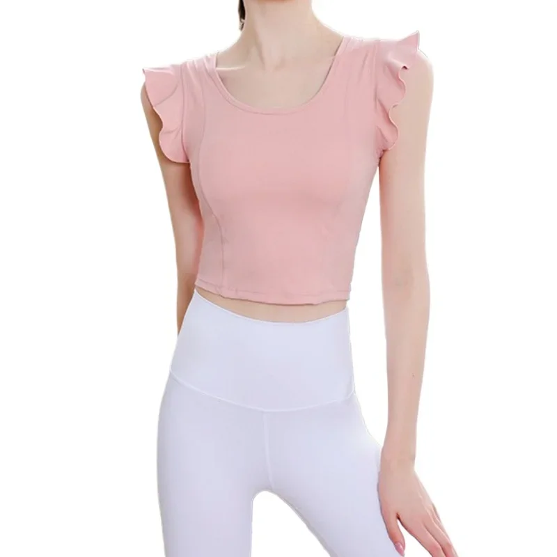 

Sexy Cropped Yoga Top Short Sleeve Fitness T Shirt Women Breathable Running Training Sport T-shirt Lotus leaf Gym Fitness Tops