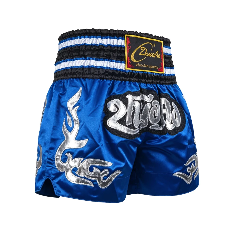 Classic Muay Thai Shorts Satin Embroidered Fight Shorts Elastic Waist Kickboxing Shorts MMA Martial Arts Boxing Training Shorts