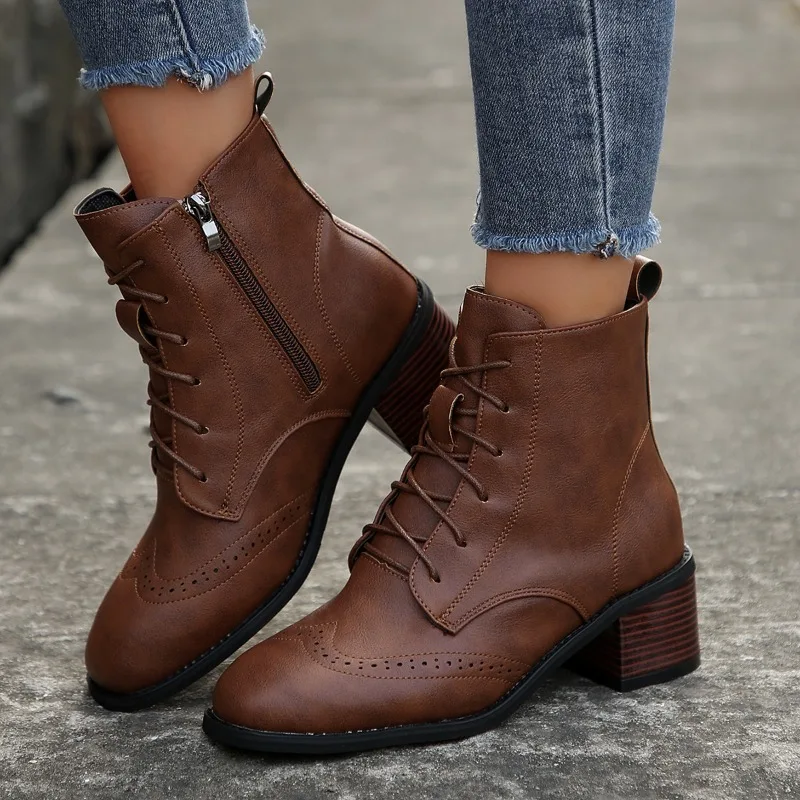 2024 Fashion Women\'s Ankle Boots Sewing White Red Brown Heels Short Boot Female Autumn Winter Party Dance Shoes Large