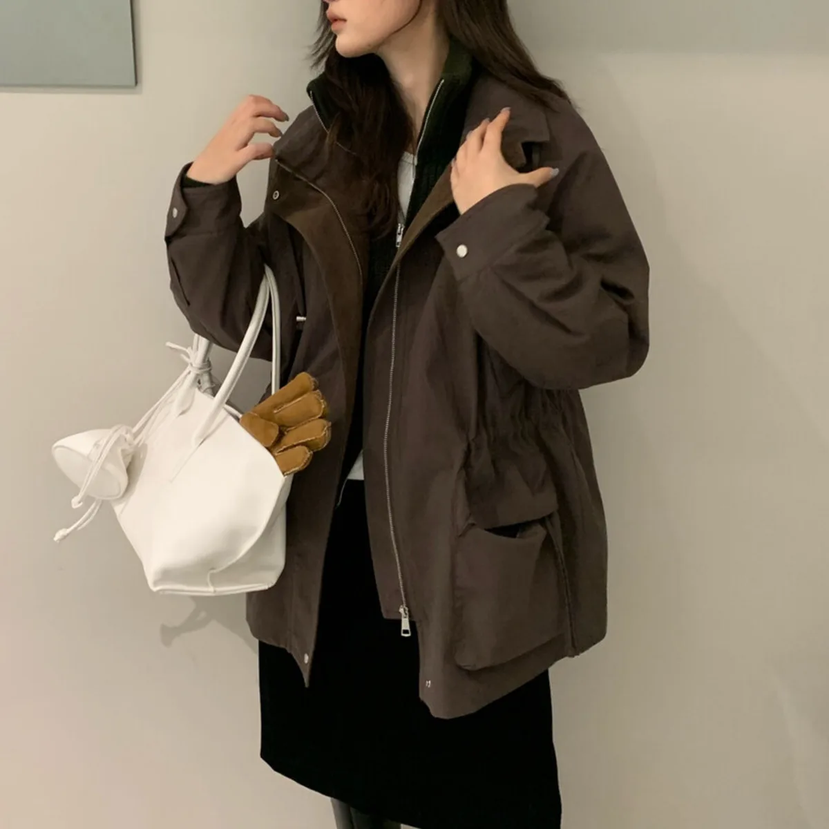 KWTX 2025 Damska kurtka robocza, nowy styl, blok kolorów, pogrubiona, wiązana w pasie, kieszenie na zamek, casualowa, designerska, jesień-zima