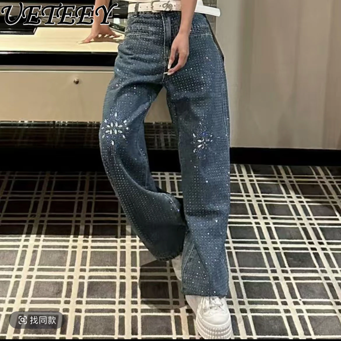 

Осенние новые американские ретро-тренды со стразами и высокой талией, широкие джинсовые брюки, повседневные универсальные элегантные женские мешковатые джинсы