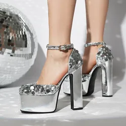 2024 New Silver Platform Pumps donna tacchi spessi Mary Jean scarpe donna punta quadrata scarpe col tacco alto décolleté a specchio da donna 41 42 43