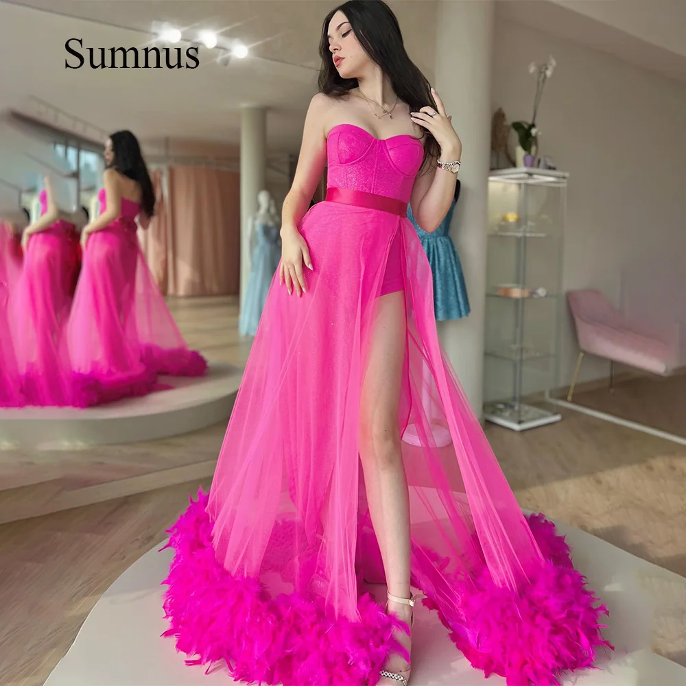 

Sumnus Hot Pink Sweetheart Party Dresses Feather Train Sexy Split Back Bow Homecoming Prom Dress 2024 A Line Event Evening Gowns