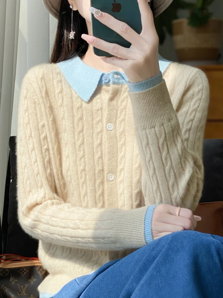 Daily Autumn Winter Sweater Women Cardigan 100% Merino Wool Sweater Cashmere Clothes Twist Flower Lapel Fake Two Pieces Knitwear