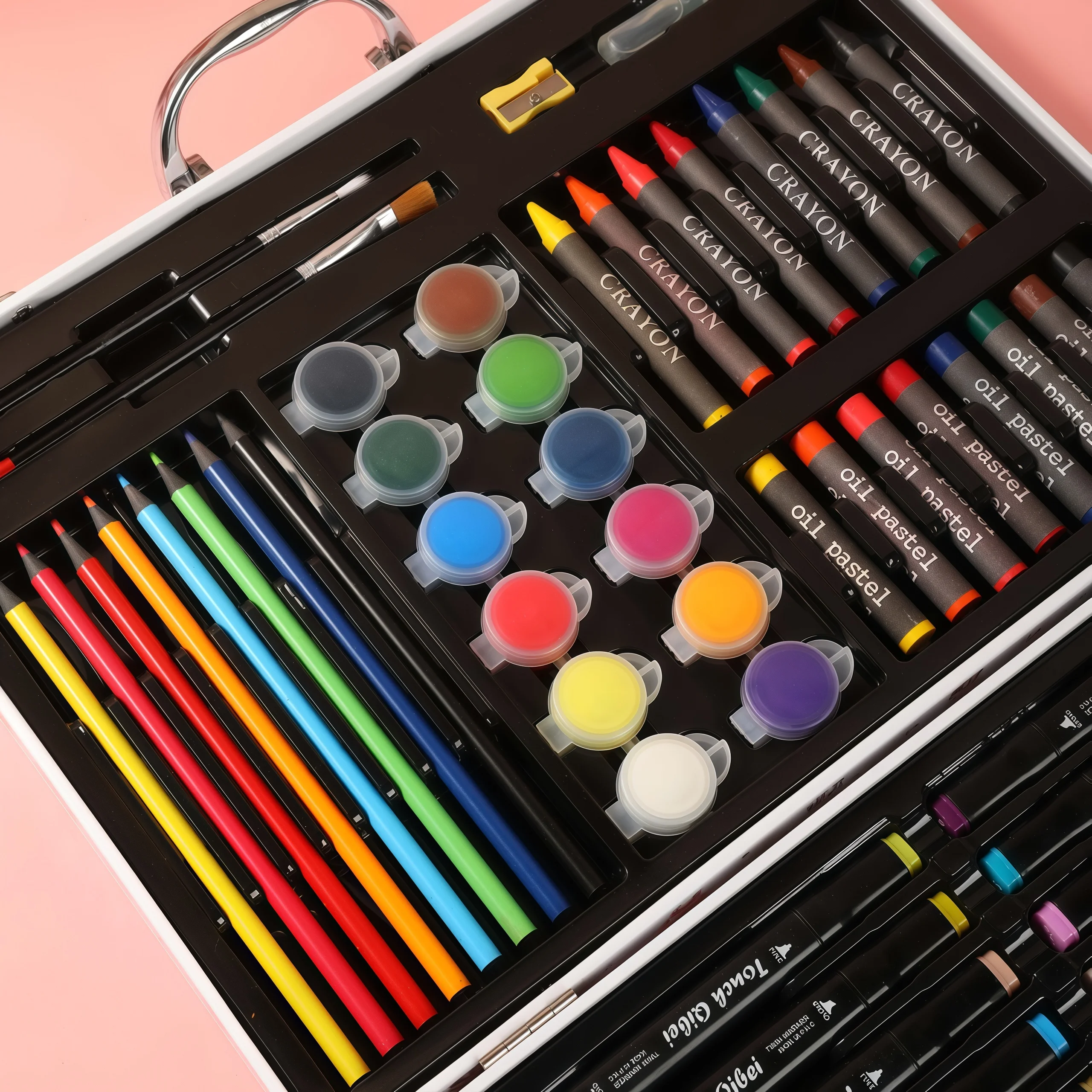 Caja de regalo de iluminación artística multifuncional para niños pequeños: juego con marcadores a base de agua, bolígrafos de acuarela y pasteles al óleo para estudiar