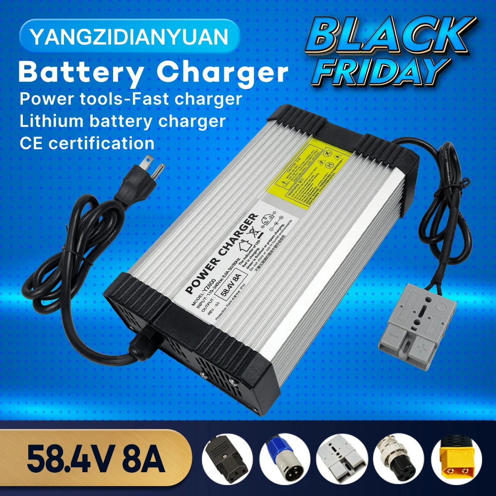 58.4V 8A Lifepo4 battery charger for 16S 48V (51.2V 52V) lifepo4 battery pack intelligent fast charging aluminum case with fans 