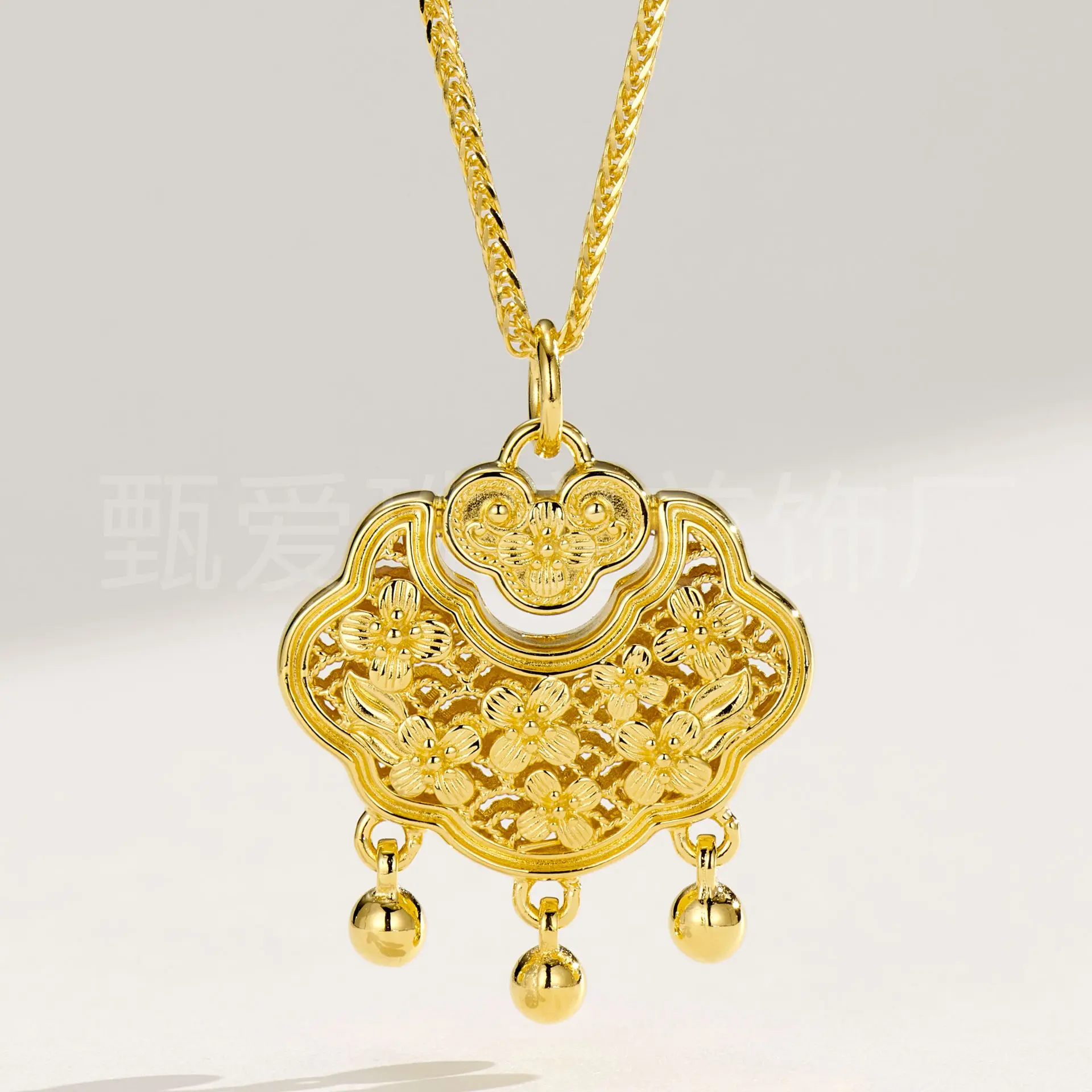 New Chinese 925 silver plated 18k gold wedding safety lock necklace retro bell children's long life lock jewelry wholesale