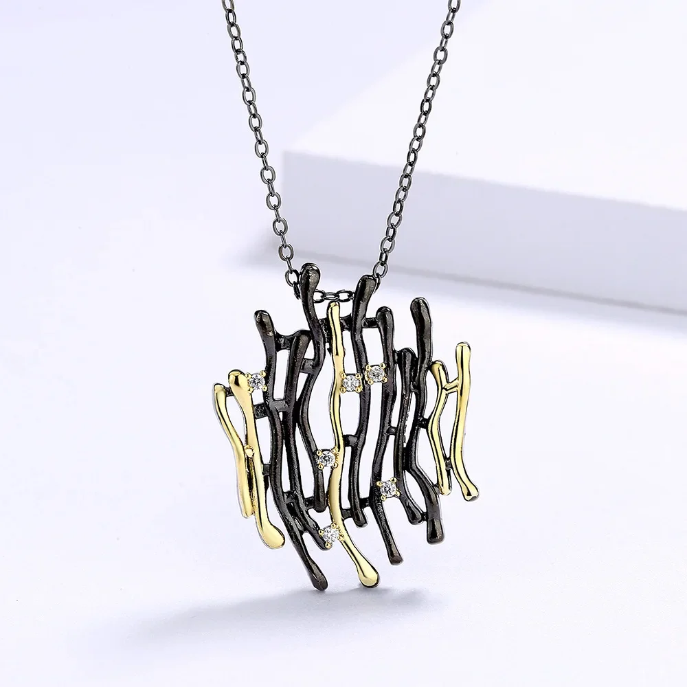 925 Silver Black Gold Necklaces for Women Luxury Two Tone Hollow Pendant Necklace Sweater Chains Choker Italy Jewelry