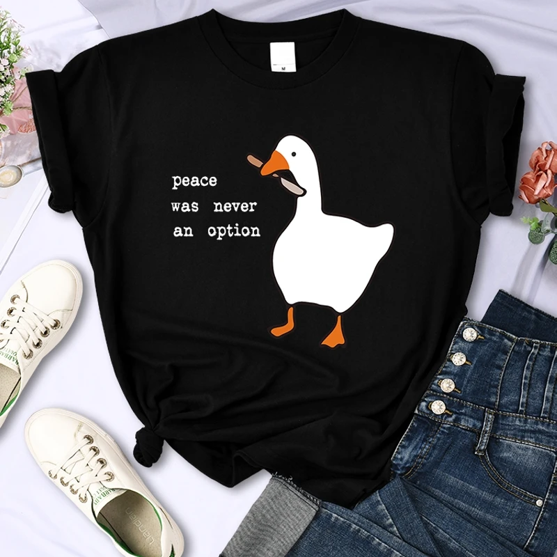 

Sport Women Clothes Creative Summer Tees Shirts Fashion New T-Shirt Peace Was Never An Option Goose Cartoon Print Female Tops